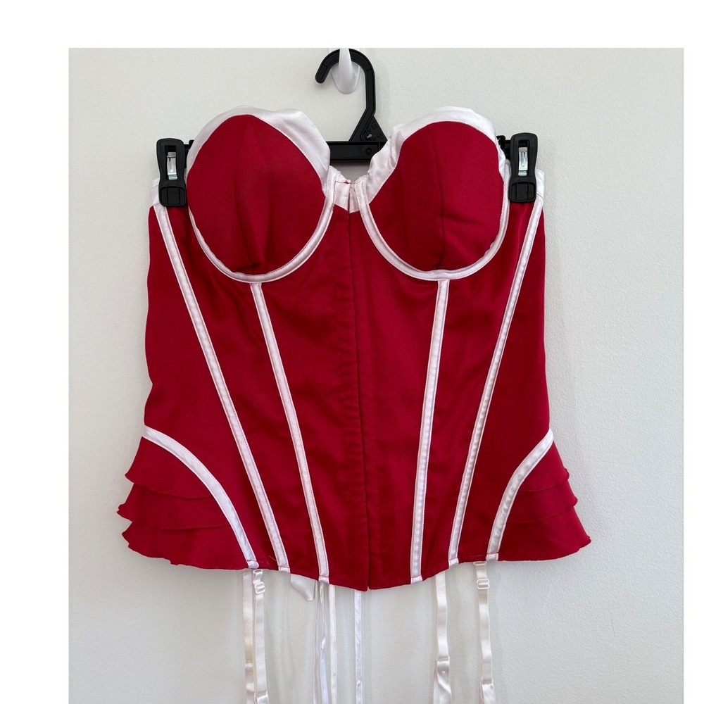 NWT Fredericks of Hollywood Red White Corset Garter Top‎ XL 6093 Lace Up Ruffle